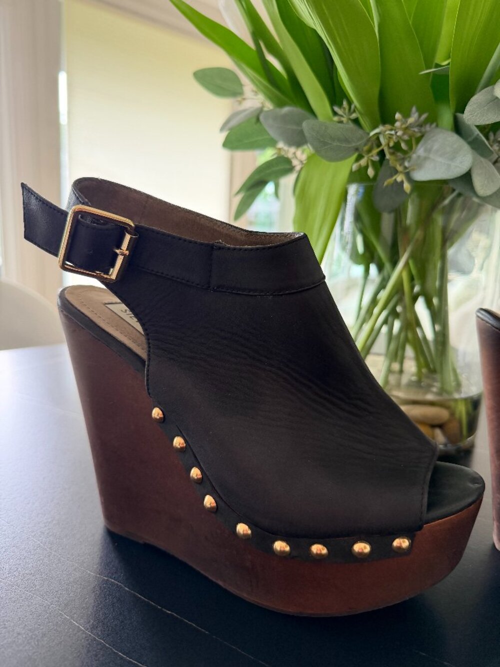 Steve Madden Black Leather Wood-Look Platform Wedge Sandals Size 8.5 – Never Wor